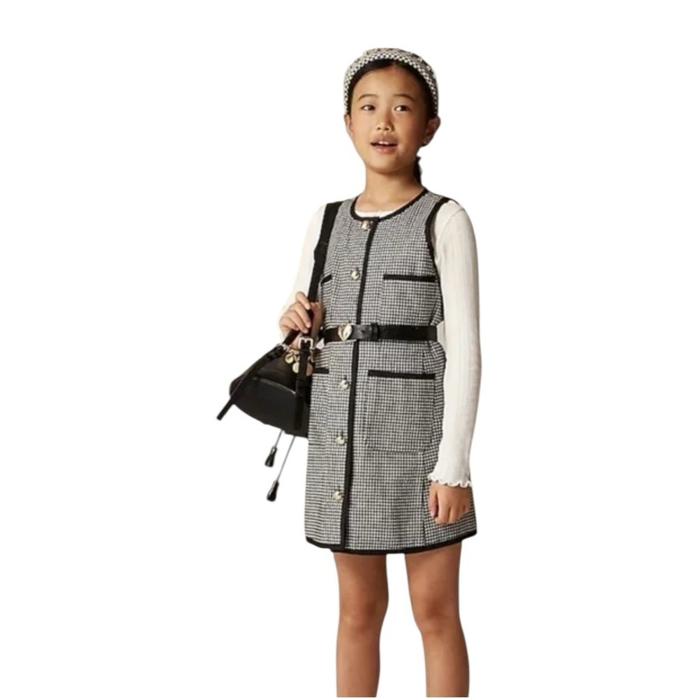J Crew Crewcuts Girls Patch Pocket Dress in Black White Houndstooth Girls Size 5